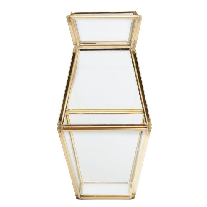 Geometrischer Glasbehälter, Vasenförmiger Pflanzständer Mit Integriertem Kupferreifen.