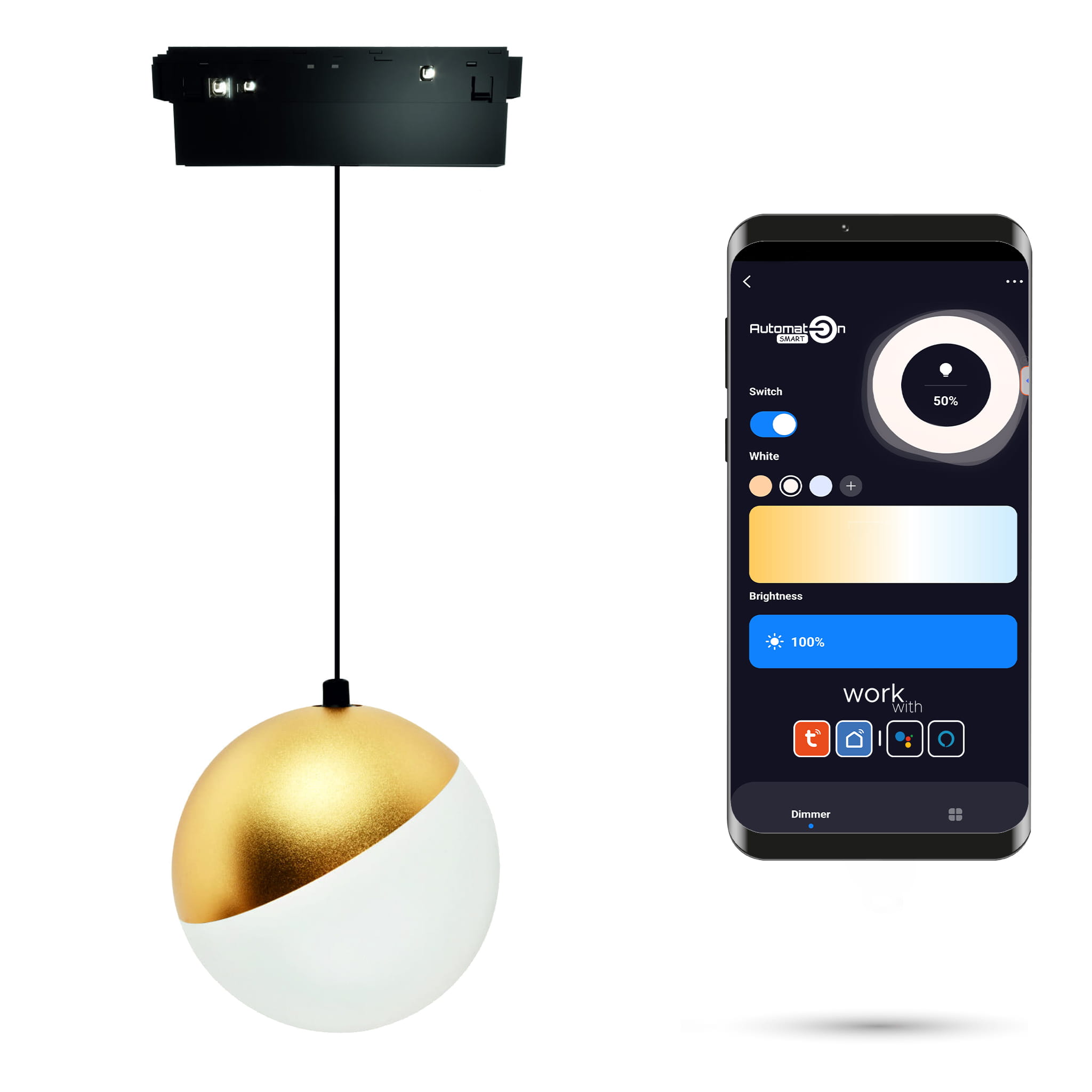 Wifi-fähige Zigbee-led-kugelpendelleuchte, Gold, 10 W, Für Magnetschienen Smart Track, 48 V Dc, 3000–5000 K, Dimmbar