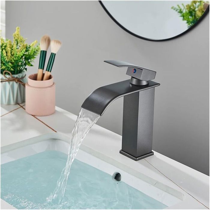 Graue Waschbeckenarmatur Im Wasserfall-stil, Ultradünner Auslauf, Auslaufhöhe 11,5 Cm, Zweiregler Für Warm- Und Kaltwasser, Material: Edelstahl.