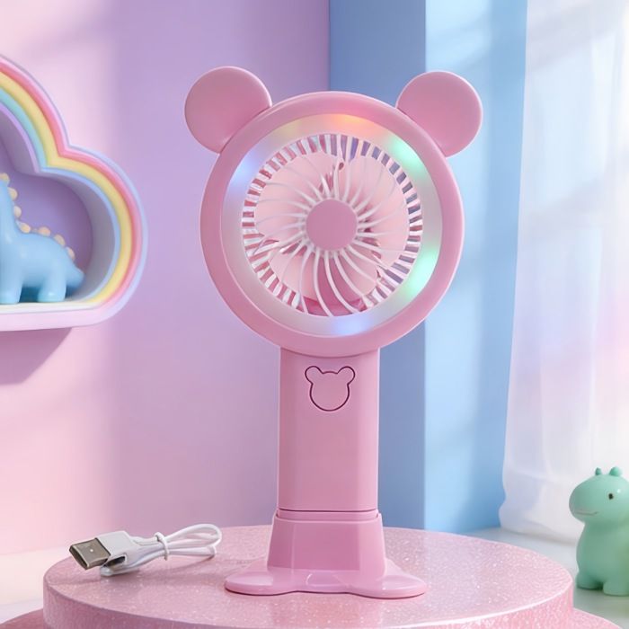 Kinder-tischventilator – Cartoon-design – Usb-betrieben – Mit Beleuchtung – Tragbar Und Leise – Rosa Led-ventilator