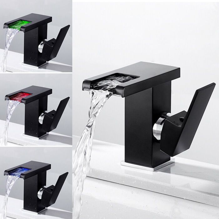 Badezimmerarmatur Mit Led-beleuchtung, Verchromte Messing-waschtischarmatur, Einhebelmischer Mit Dreifarbiger Rgb-beleuchtung, Schwarz.