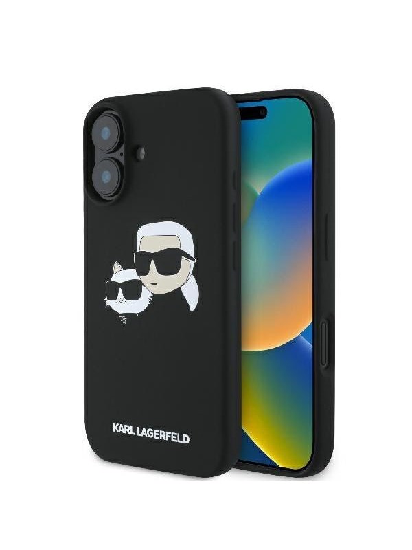 Karl Lagerfeld Klhmp16sskchpplk Iphone 16 6,1" Schwarze/schwarze Hartschalen-silikonhülle Mit Doppelkopf-print Und Magsafe-funktion