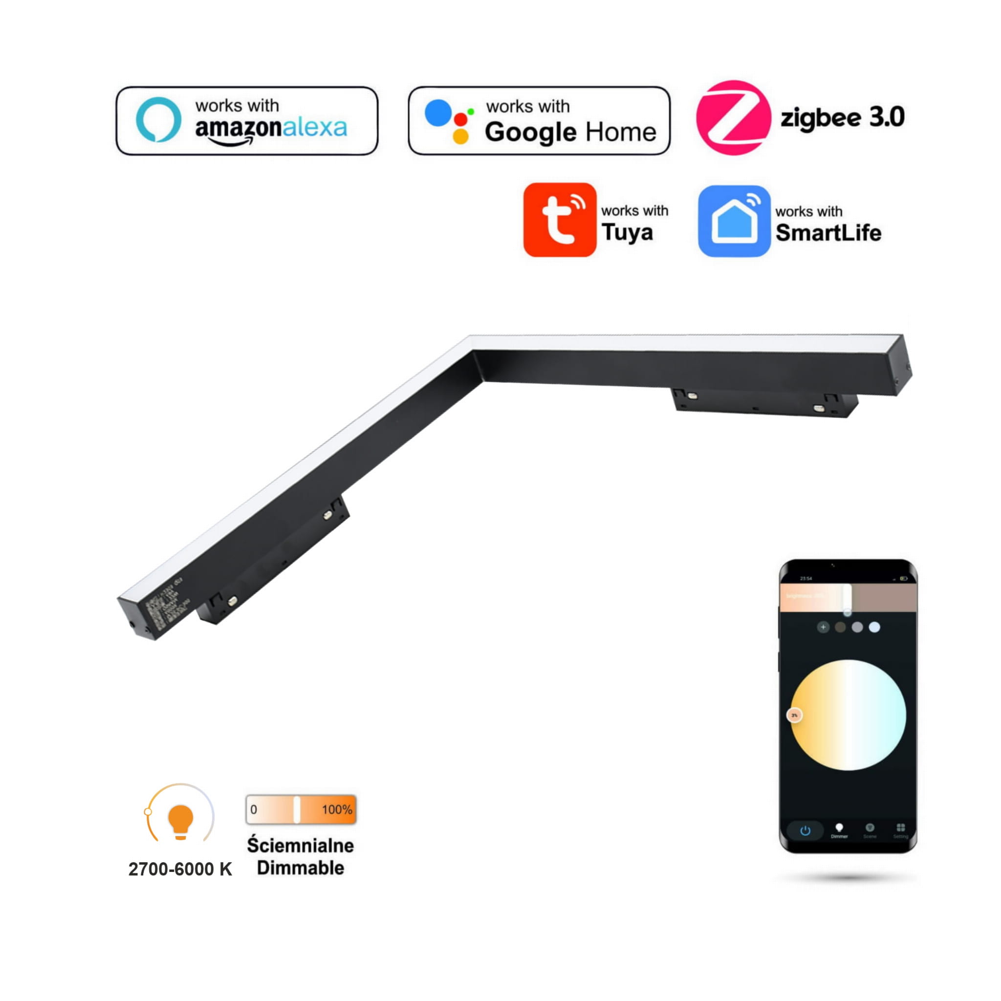 Horizontaler Led-linearstrahler Mit Wlan, Zigbee Und Ultron-technologie, 16 W, Für Magnetschienen, Smart Track, 48 V Dc, 3000–5000 K, Dimmbar