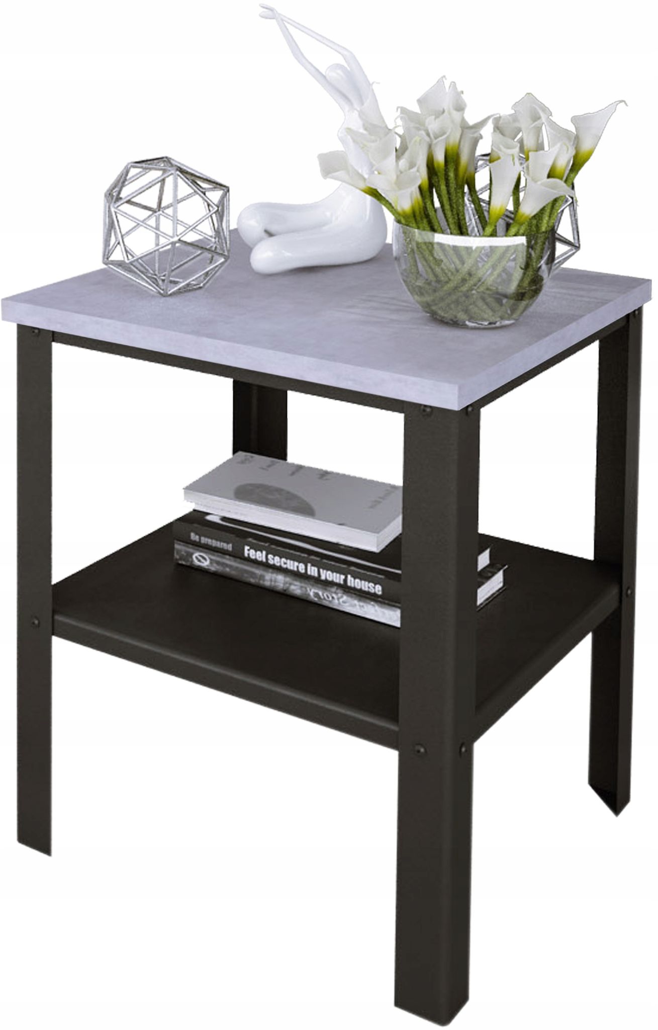 Verschraubter Nachttisch Mit Ablage Für Loft-schlafzimmer, 40x40x45 Cm, Schwarz+hell, Beton