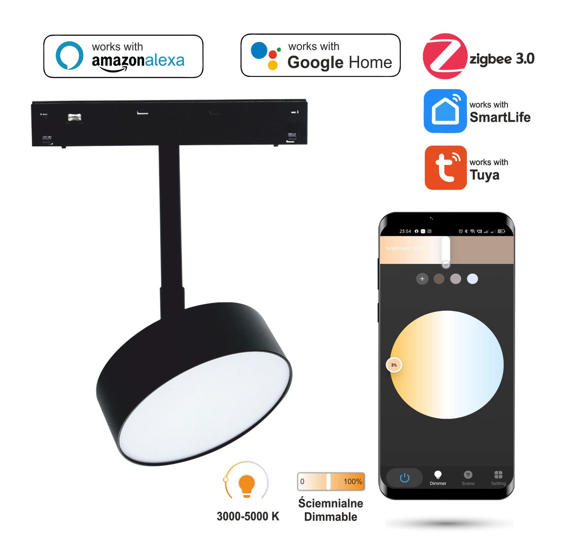Led-spot-flutlichtstrahler Mit Zigbee-technologie, 18 W, Für Magnetschienen, Smart Track, 48 V Dc, 3000–6000 K, Dimmbar