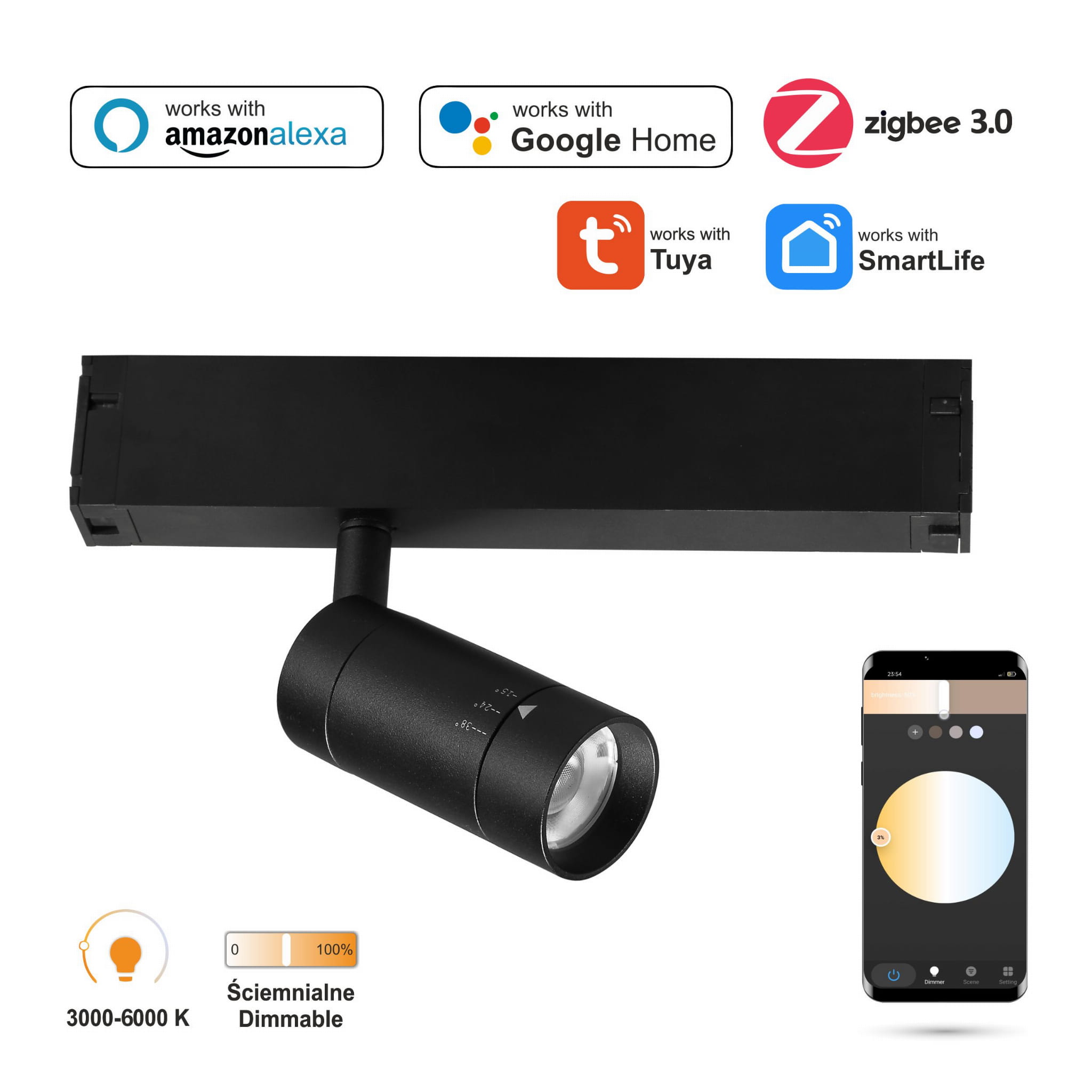 Spot-led-spot Mit Wlan, Zigbee Und Zoomfunktion, 7 W, Für Smart Track Magnetschienen, 230 V Ac, 3000–6000 K, Dimmbar, Einstellbarer Abstrahlwinkel
