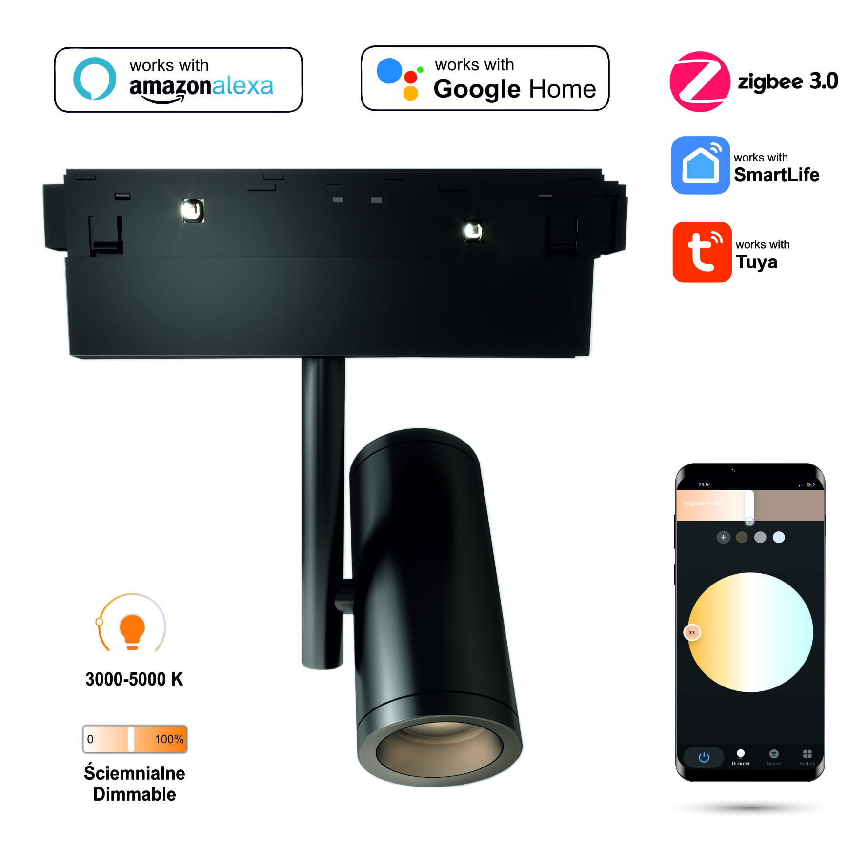 Spot-led-scheinwerfer Mit Wlan Und Zigbee-funktion, 10 W, Für Magnetschienen, Smart Track, 48 V Dc, 3000–5000 K, Dimmbar, Schwarz