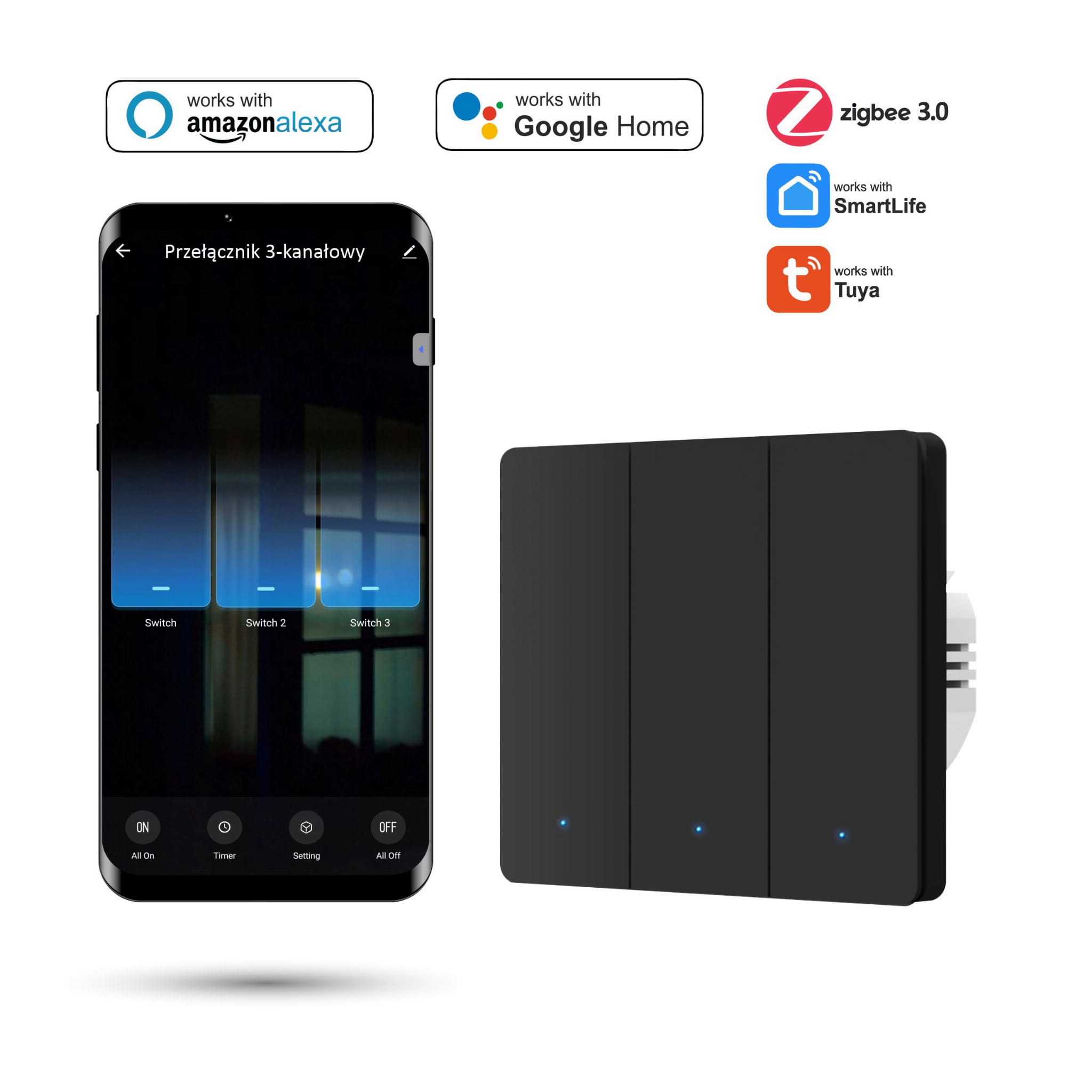 Tuya 3-kanal Zigbee Wandschalter Schwarz