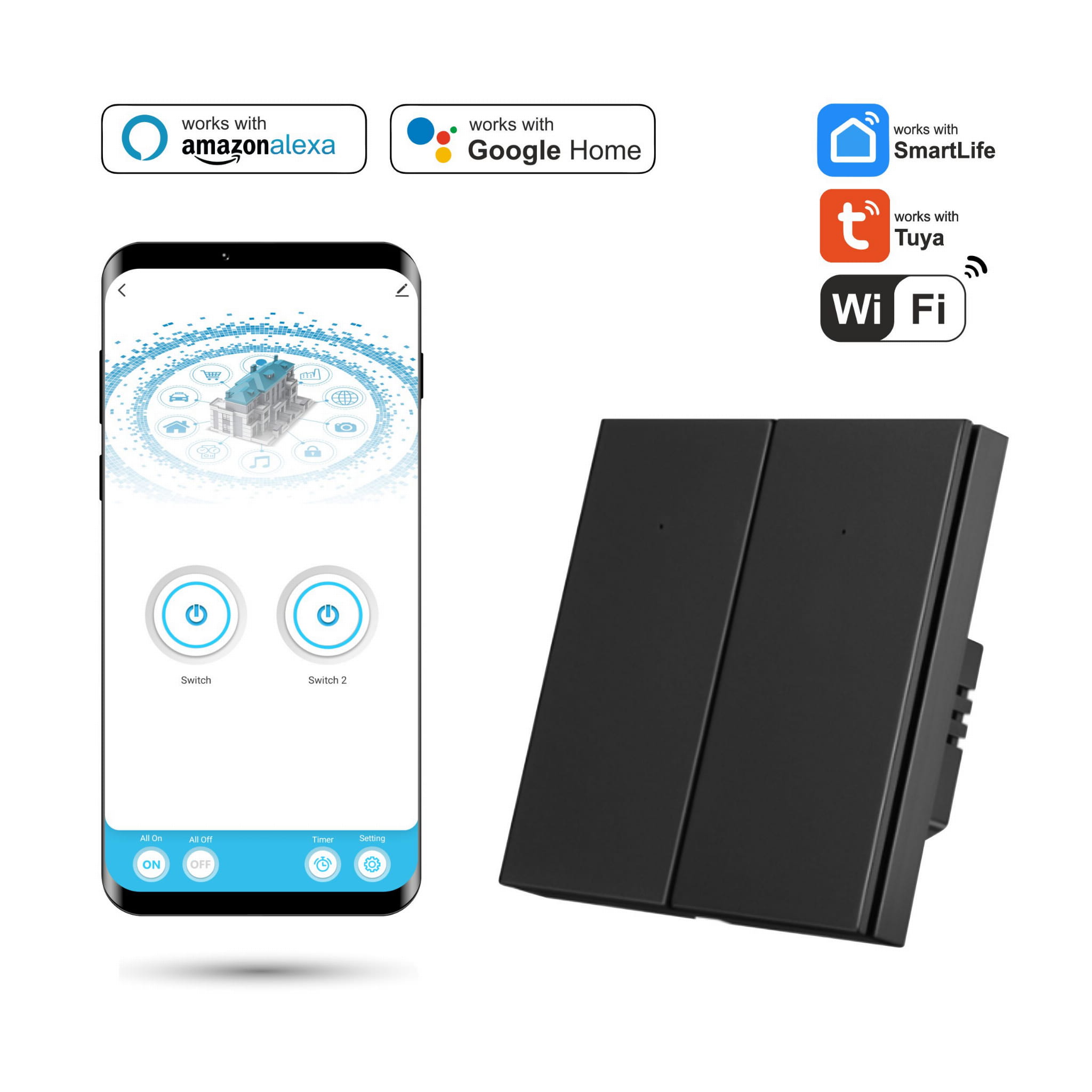 Tuya Smartlife Wi-fi Dual Switch Mit N Schwarz