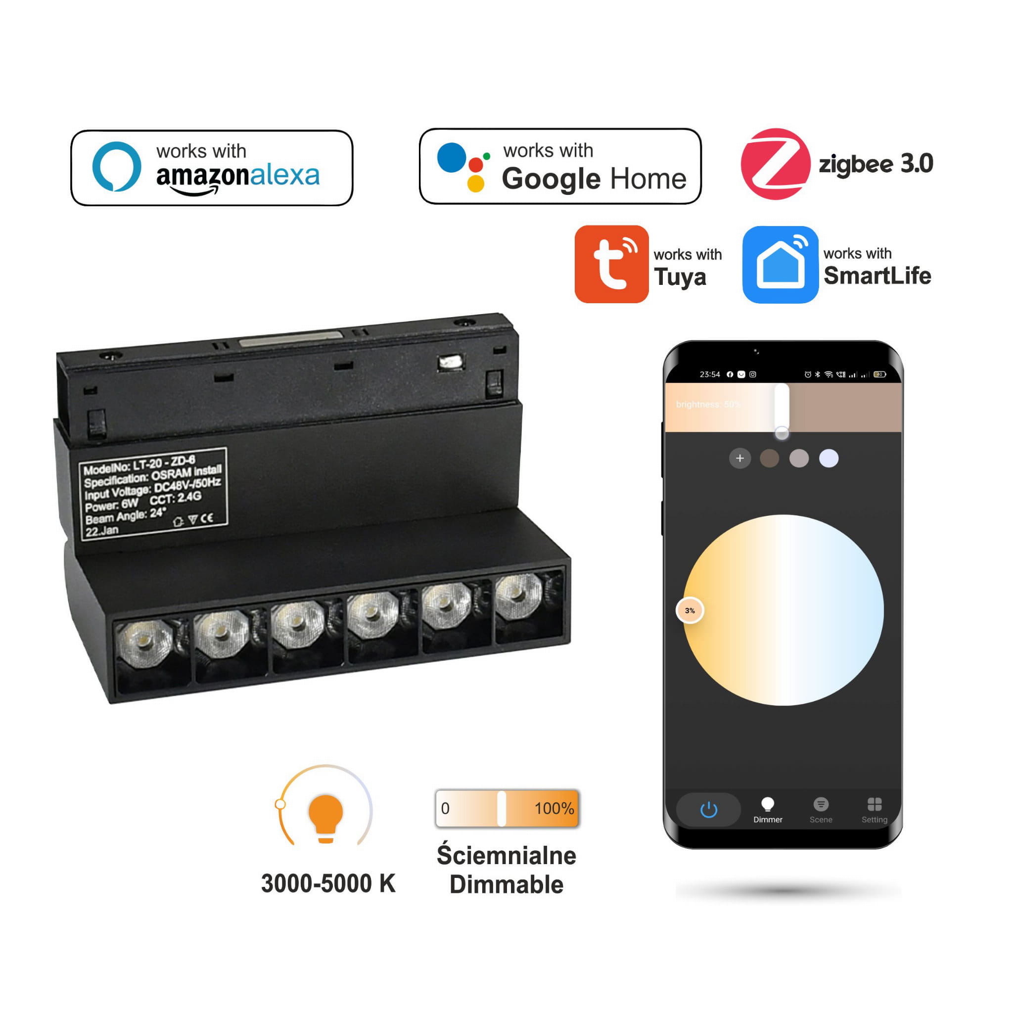 Verstellbarer Led-strahler Mit Zigbee-gitter, 6 W, Schwarz, Für Magnetschienen, Smart Track 48 Vdc, 3000–5000 K, Dimmbar