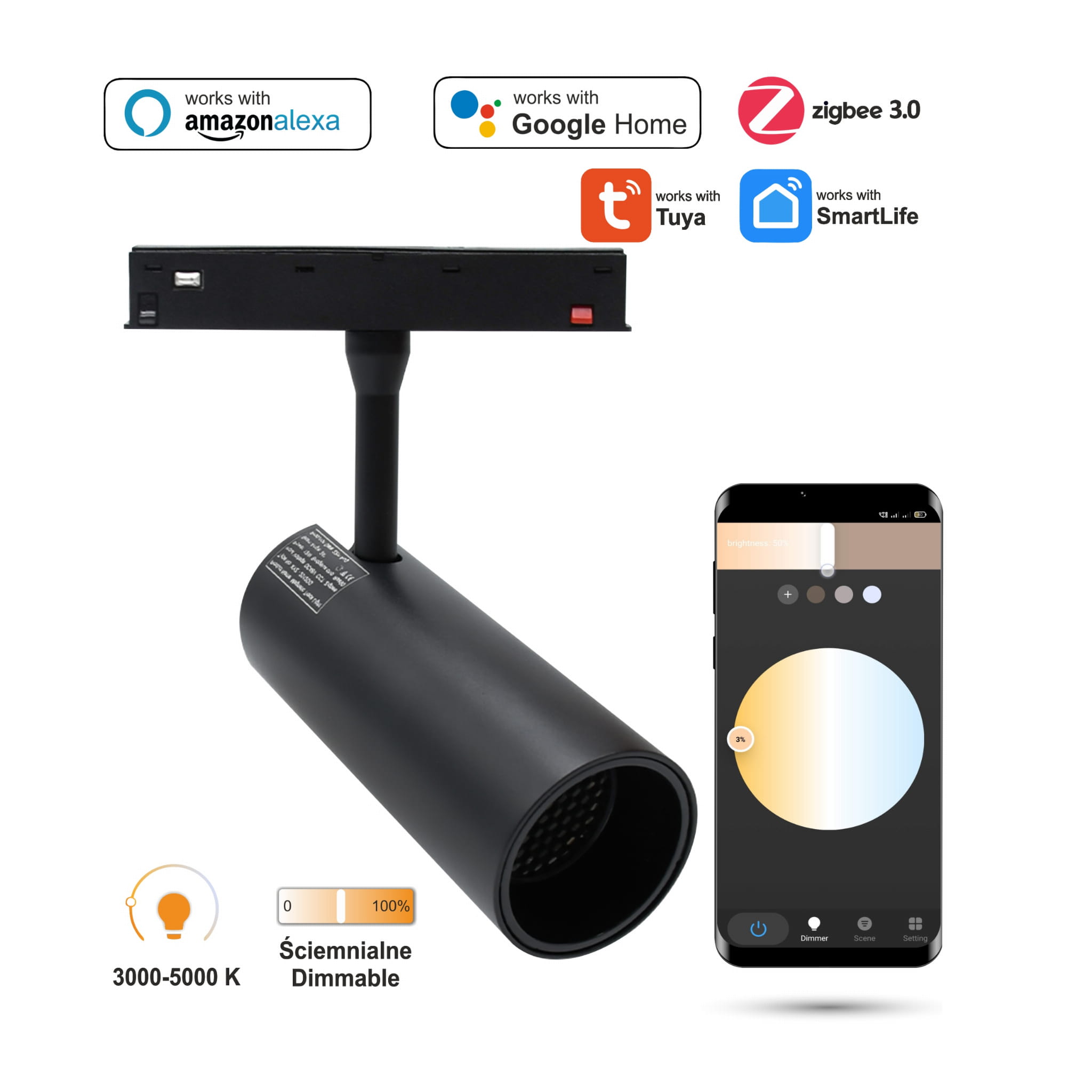 Wifi Zigbee Led-schienenstrahler 30w Für Magnetschienen Smart Track 48vdc 3000-5000k Dimmbar