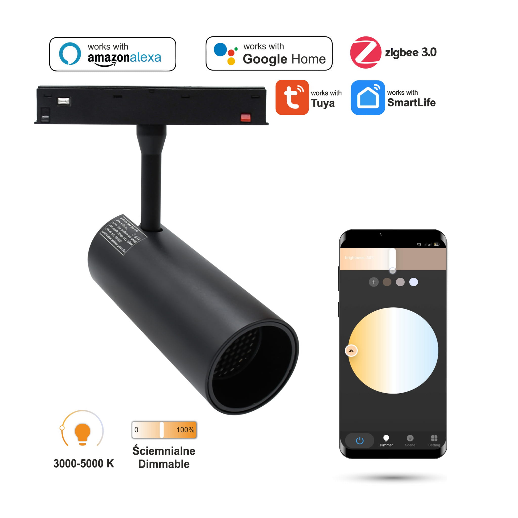 Wifi Zigbee Led-schienenstrahler 20w Für Magnetschienen Smart Track 48vdc 3000-5000k Dimmbar