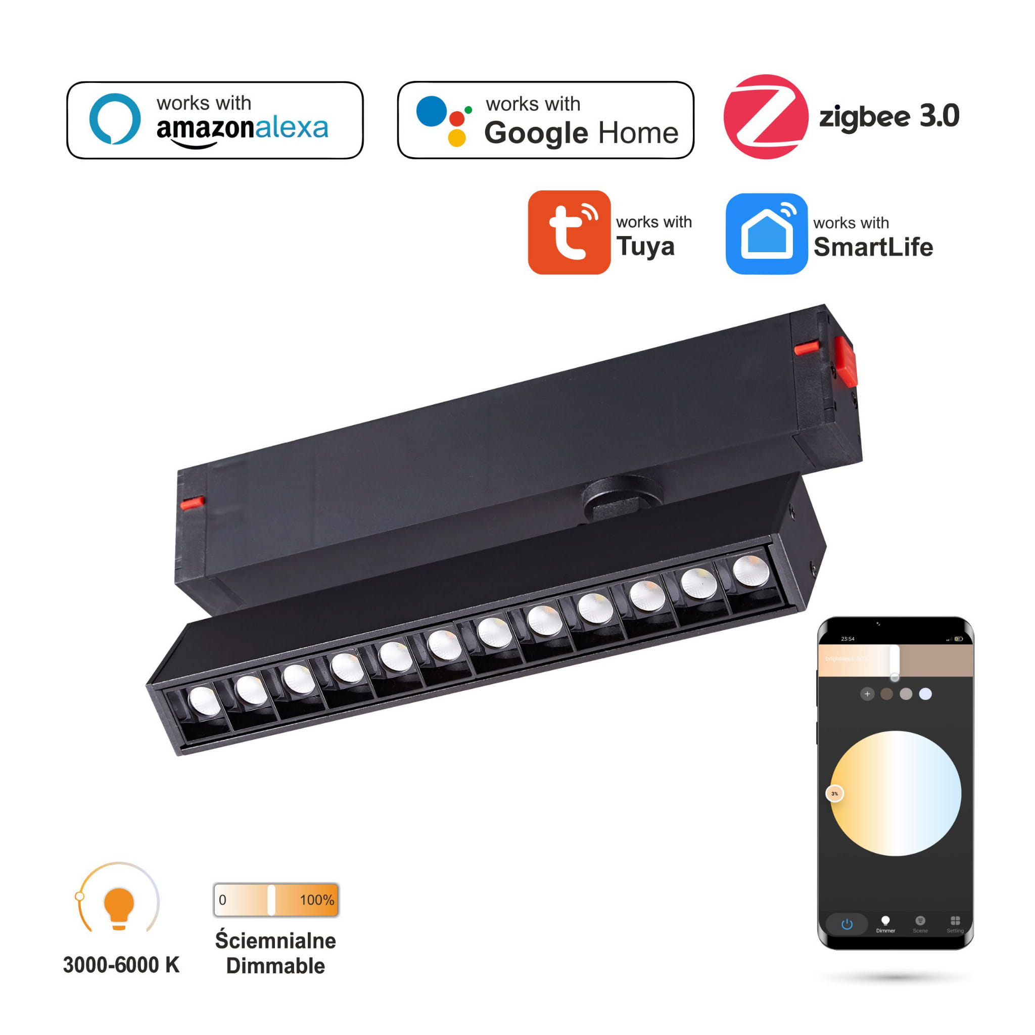 Verstellbarer Led-linearstrahler Mit Wlan- Und Zigbee-anschluss, 9 W, Für Magnetschienen, Smart Track, 230 V Ac, 3000–6000 K, Dimmbar