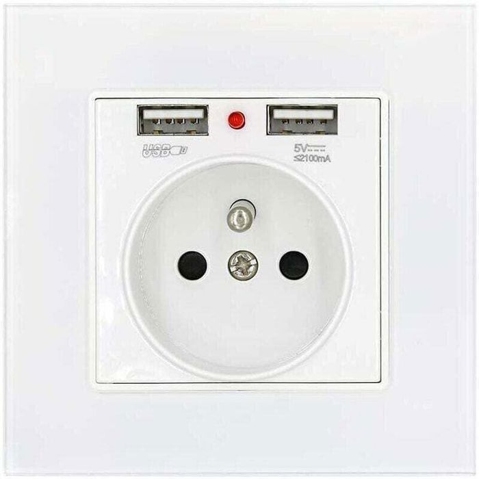 Glassteckdose Mit Usb-anschlüssen – Betriebsanzeige – Zwei Usb-anschlüsse, 2,1 A – 16 A, 250 V – Weiß – Schwer Entflammbares Abs-material