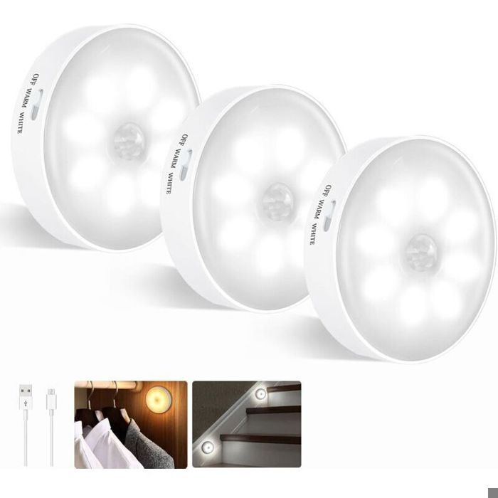 Led-bewegungsmelderleuchten – 3er-pack – Kabellose Nachtlichter – Usb-aufladbar – Zweifarbiger Sensor