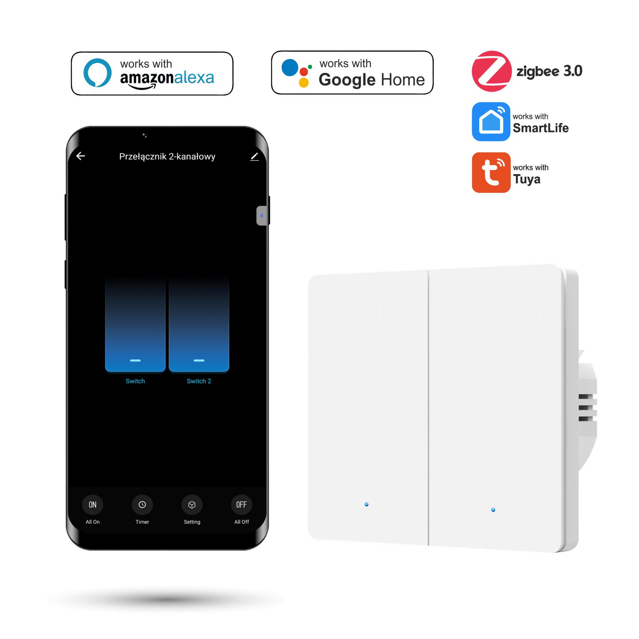 Tuya 2-kanal Zigbee Wandschalter Weiß