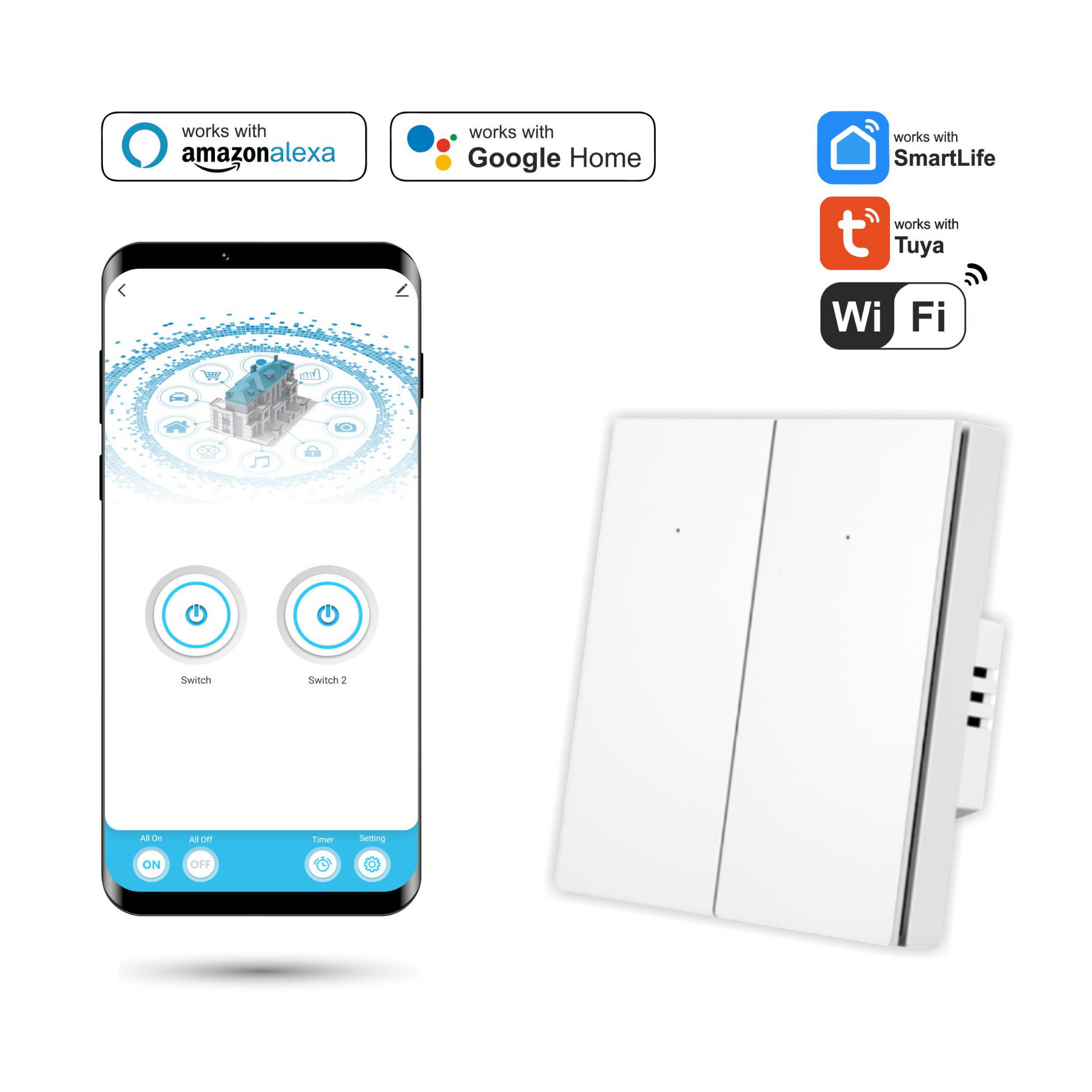 Tuya Smart Wi-fi Dual Switch Mit N Life White