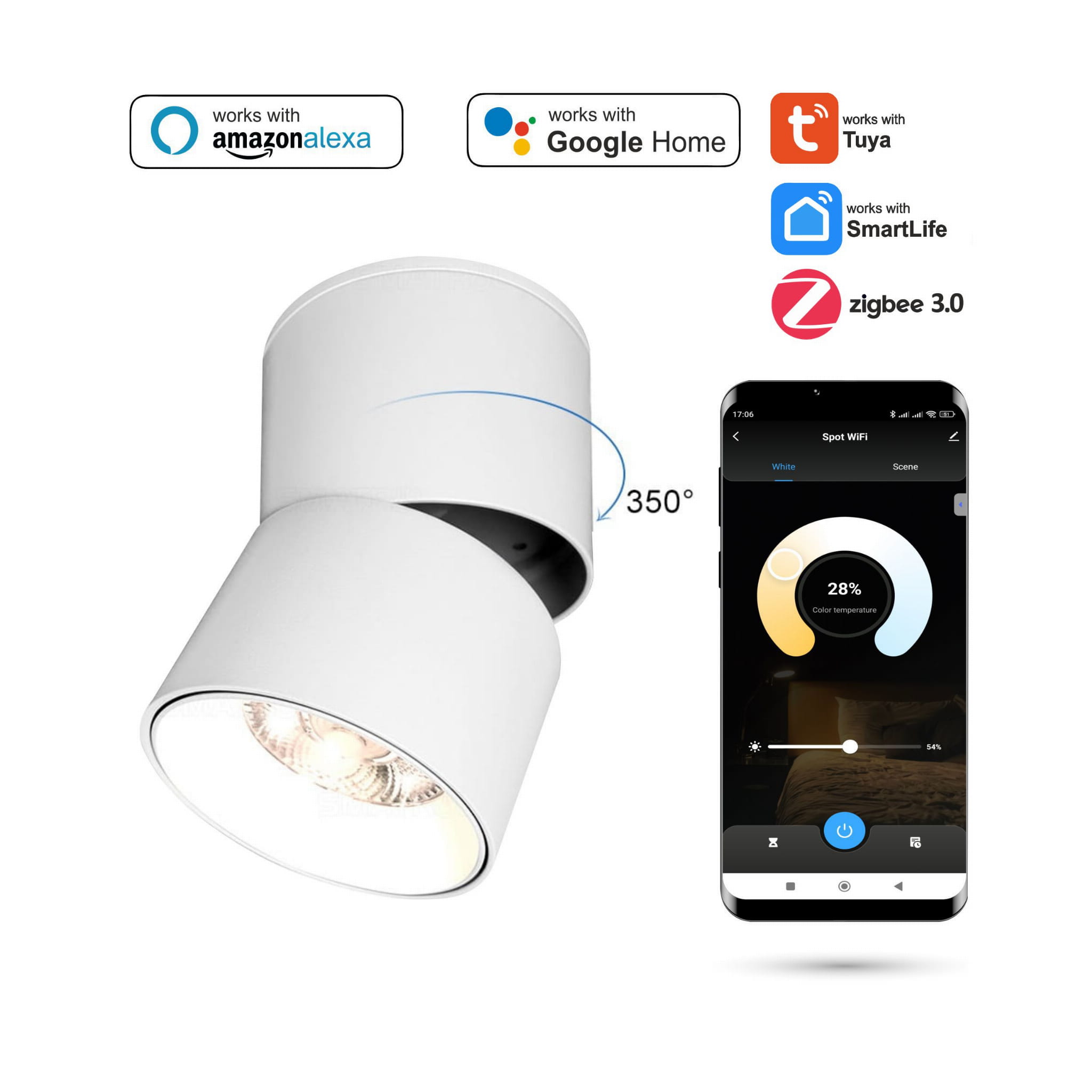 Zigbee Tuya 9w Deckenspot, Aufputzmontage, Verstellbar, Dimmbar, Weiß