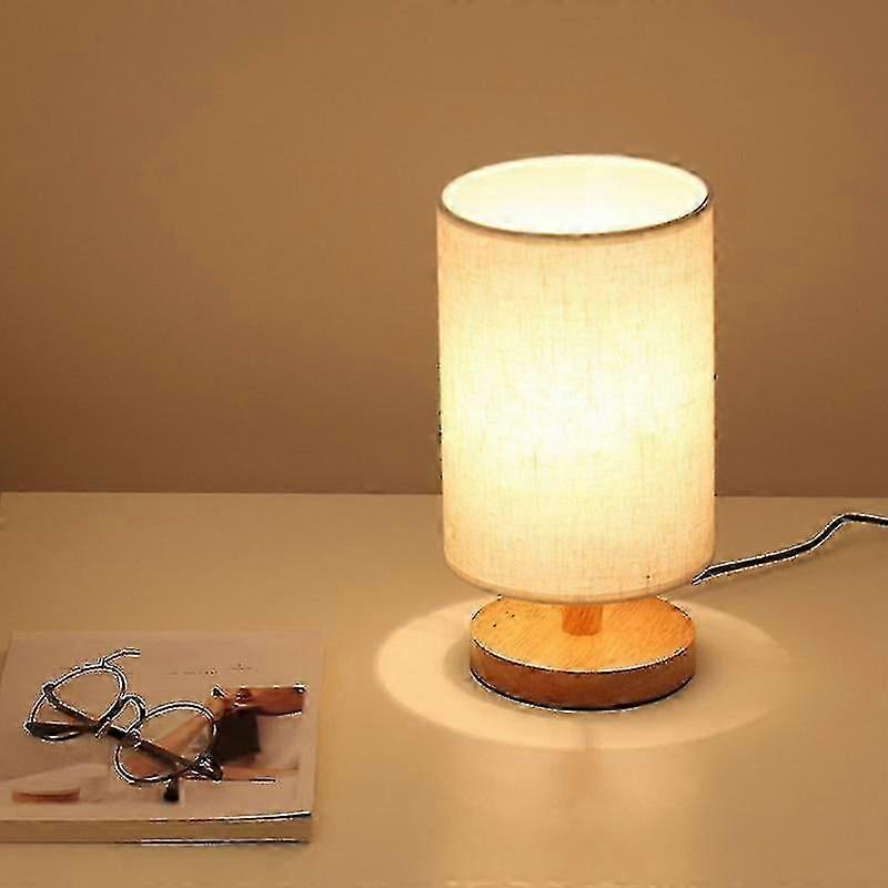 Runde Nachttischlampe Mit Stoffschirm Und Massivholzfuß, Ideal Für Schlaf- Und Wohnzimmer.