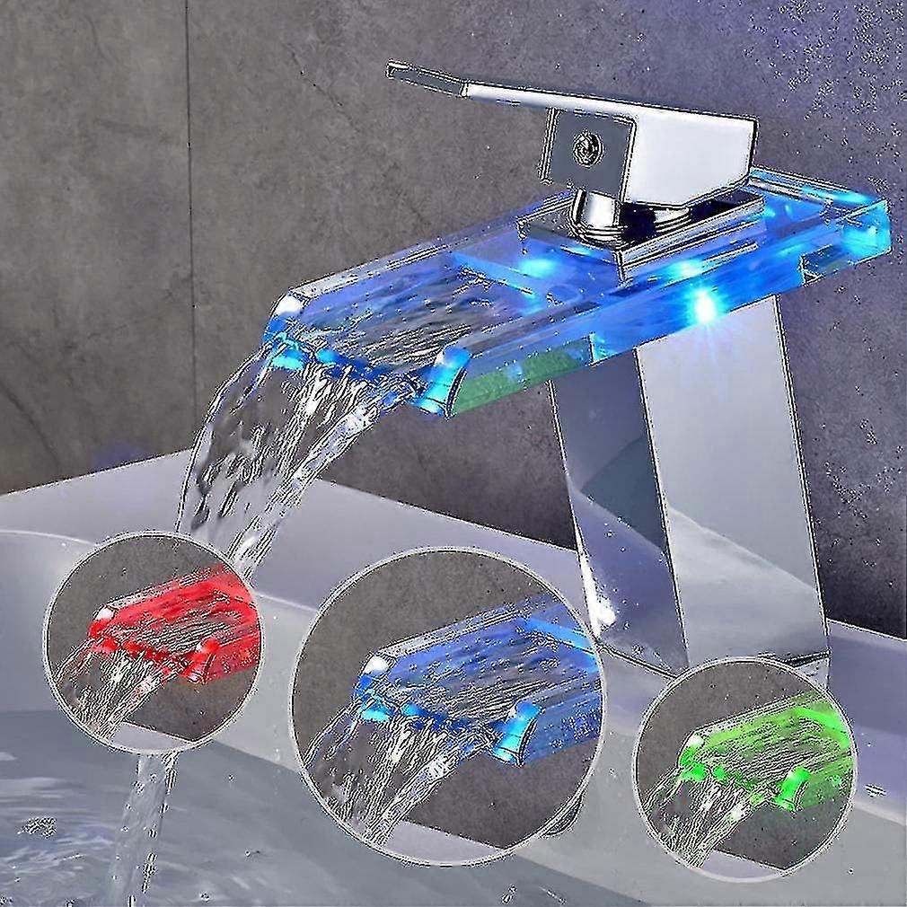 Rgb-led-waschtischarmatur Mit Wasserfallfunktion, 3-farbige Badarmatur Mit Verchromtem Messingglas