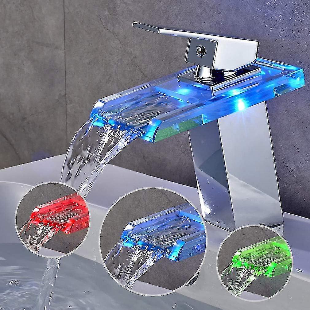 Waschtischarmatur Mit Rgb-led-wasserfall, Verchromte Messing-badarmatur Mit 3-farbig Wechselndem Glas - Hy