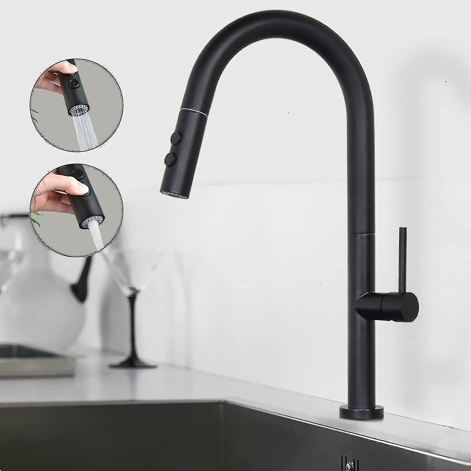Shanfo Küchenarmatur, Schwarz, Mischbatterie Mit Ausziehbarer Brause, 360° Schwenkbarer Spültischmischer Mit 2 Strahlarten, Einhebelmischer, Modernes Design - Yuhao