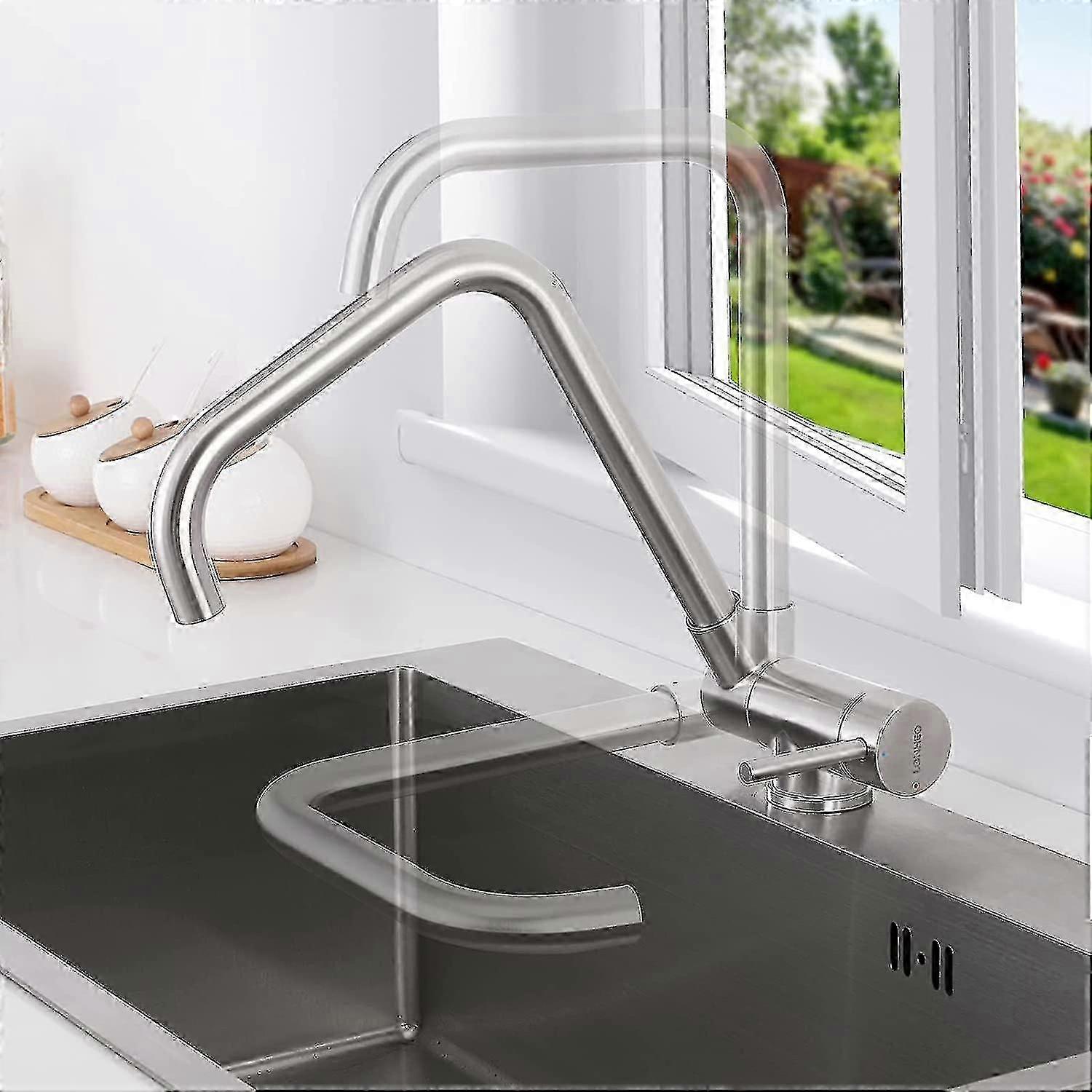360° Schwenkbare Und Klappbare Küchenarmatur Für Fenster, Spültischarmatur Aus Edelstahl 304 Mit Klappbarem Griff Für Warm- Und Kaltwasser