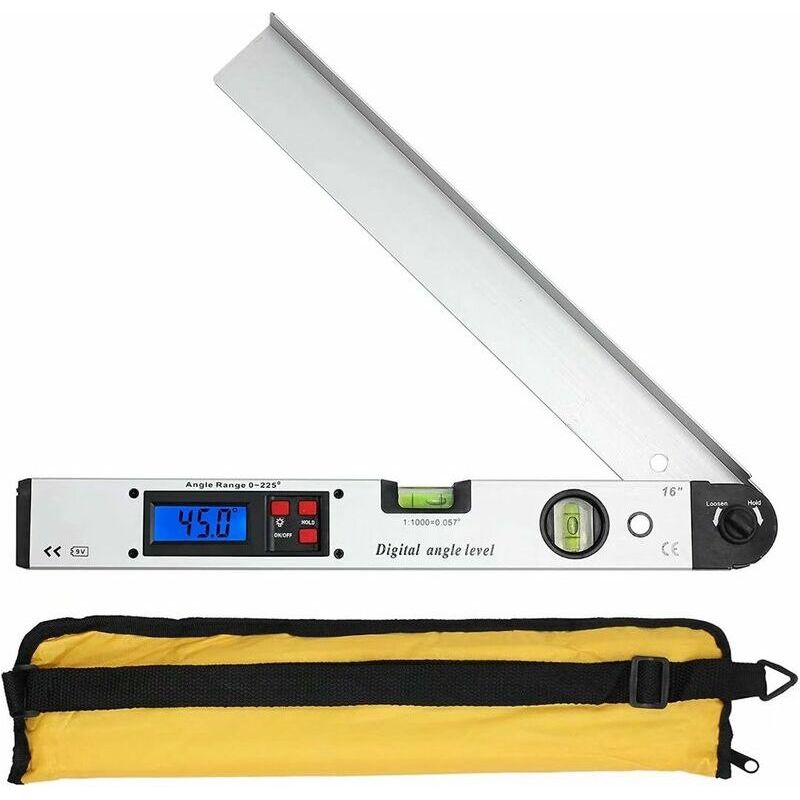 Digitaler Winkelmesser (0–225°), 400 Mm / 16 Zoll, Digitales Horizontales Winkellineal Mit Lcd-hintergrundbeleuchtung Und Wasserwaage Für Heimwerkerarbeiten Im Dachbau, Inklusive Batterie Und Tasche