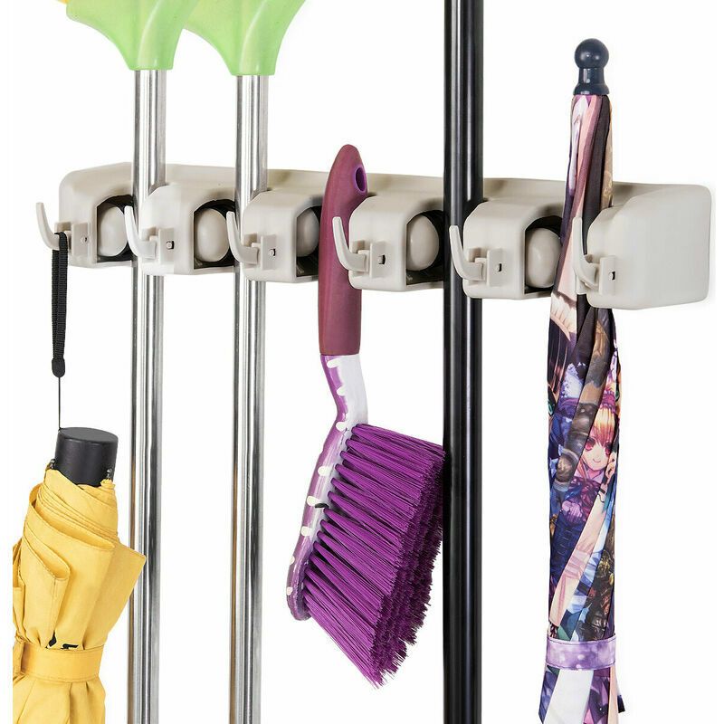Wandmontierter Besenhalter Mit 5 Schlitzen Und 6 Haken / Wandmontiertes Besenregal Für Bad, Küche Oder Garage – Weiß