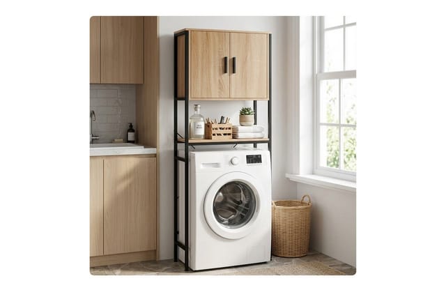 Relaxdays Waschmaschinenschrank Ablagen, Türen, Regal Waschmaschine, Trockner, Toilette Hbt 170x64,5x27cm, Natur/schwarz