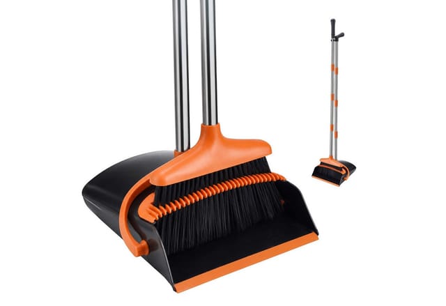Relaxdays Besen Und Kehrschaufel Im Set, Max. Länge 124 Cm, Hartböden, Edelstahl, Kunststoff, Kehrset, Schwarz/orange