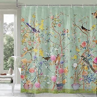 Wasserdichter Und Schimmelresistenter Grüner Duschvorhang Mit Vogel- Und Blumenmuster, 12 Haken, 120 X 180 Cm