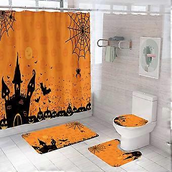 4-teiliges Halloween-duschvorhang-set Mit Matte, Fledermausschloss, Duschvorhänge Für Halloween-badezimmerdekoration, Halloween-badezimmerdeko, Wc-sitzbezug