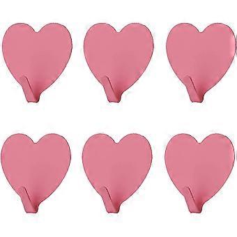 Set Mit 6 Dekorativen Herzförmigen Wandhaken (rosa), Aus Edelstahl, Mit Starkem Klebstoff, Für Zuhause, Küche, Badezimmer Oder Büro.