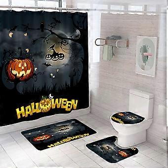 Set Aus 4 Halloween-duschvorhängen Mit Teppich, Kürbis Und Grabstein, Zur Dekoration Von Badezimmer Und Toilettendeckel.