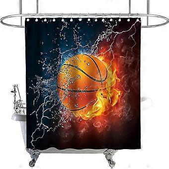 Duschvorhang Für Jungen Aus Stoff Mit Schwarz-weißem Basketball-flammenmuster, Sportdekorationskollektion Für Kinderbadezimmer, Mit Haken, Wasserdicht Und Waschbar.