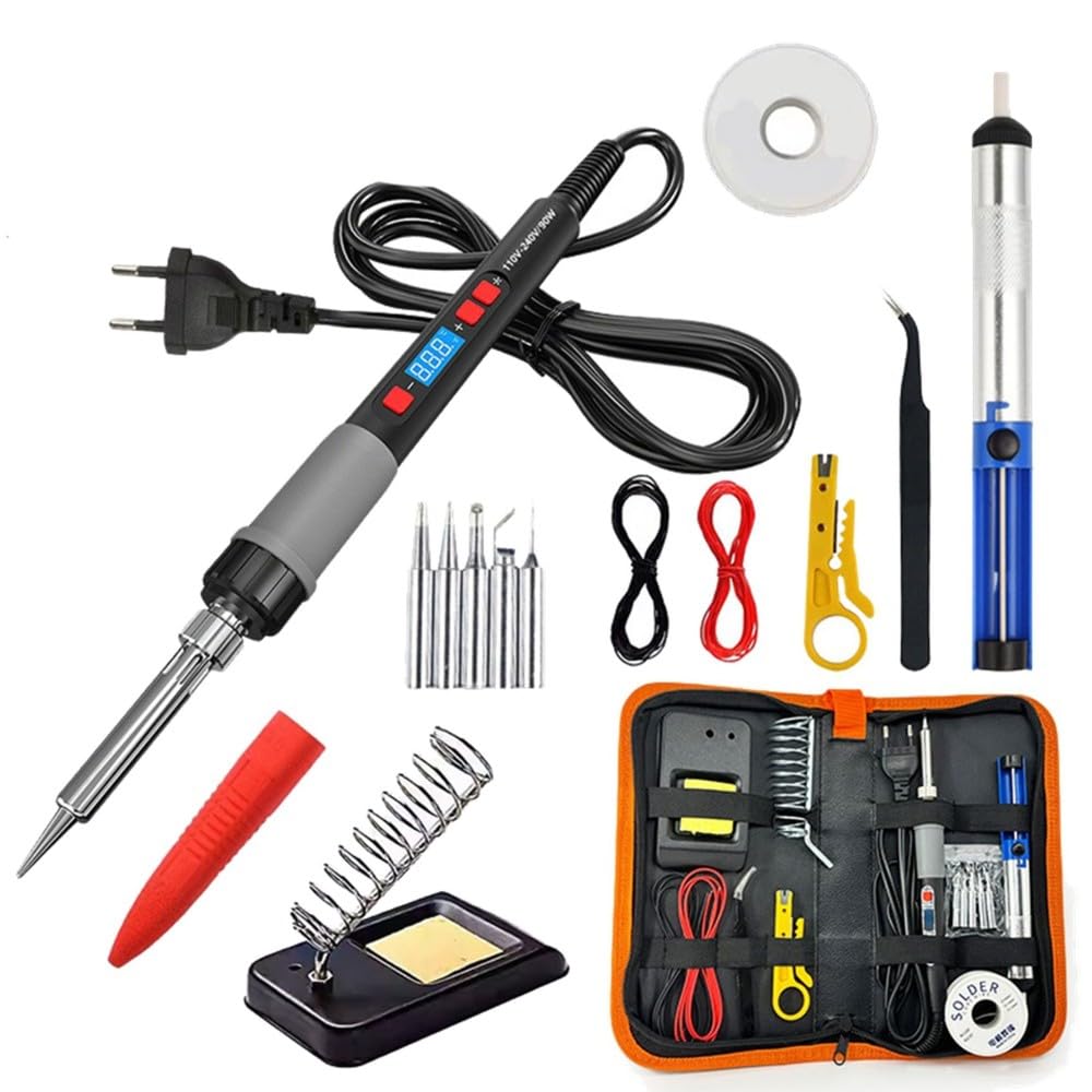 90-w-lötkolben-set Mit Digitalanzeige, Einstellbarer Temperatur Von 180 Bis 500 °c, 5 Lötspitzen, Entlötpumpe, Pinzette, Eu-stecker