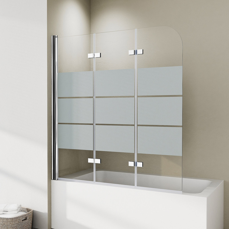 Duschwand Für Badewanne 3-teilig 140x140cm Badewannenaufsatz Duschtrennwand Für Badewanne Duschwand Badewanne Faltwand Duschabtrennung Badewanne, 6mm Esg Glas Mit Milchglas Streifen