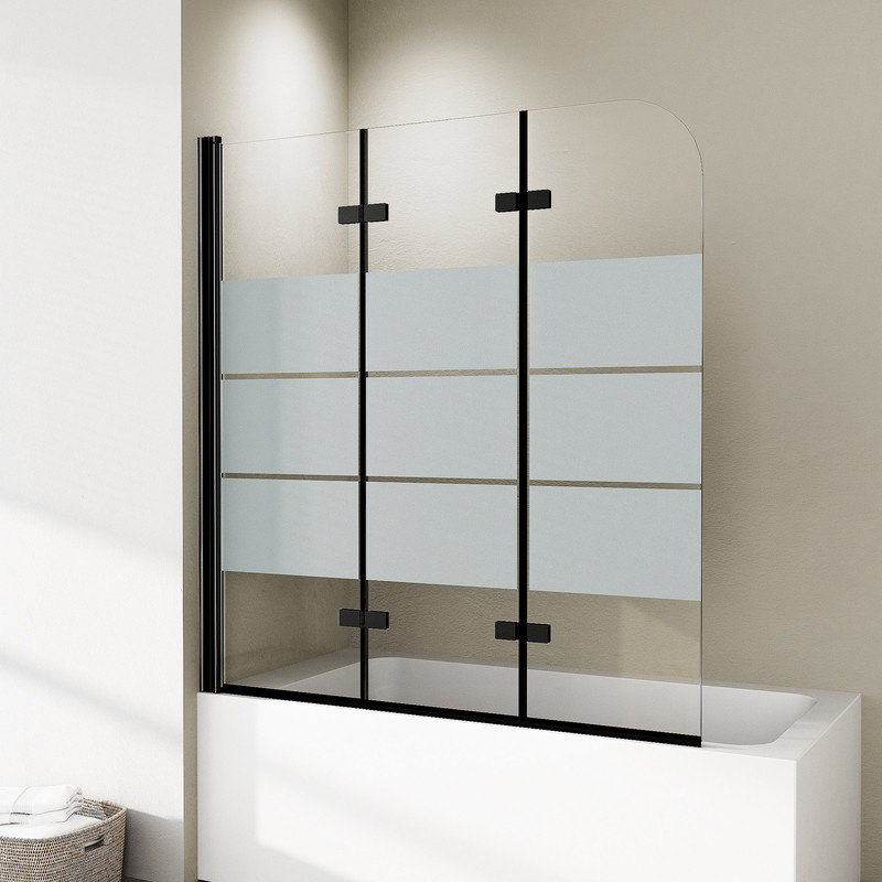 Duschwand Für Badewanne 3-teilig 120x140cm Schwarz Badewannenaufsatz Duschtrennwand Für Badewanne Duschwand Badewanne Faltwand Duschabtrennung Badewanne, 6mm Esg Glas Mit Milchglas Streifen