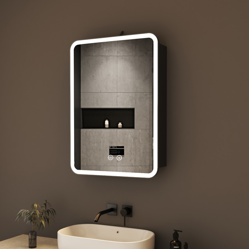 50x70 Cm Spiegelschrank Bad Mit Beleuchtung Led Spiegelschrank Schwarz Mit Beleuchtung Badspiegel Schwarz Medizin Kabinett Hängeschränke Mit 3 Einstellbare Lichtfarben, Beschlagfrei