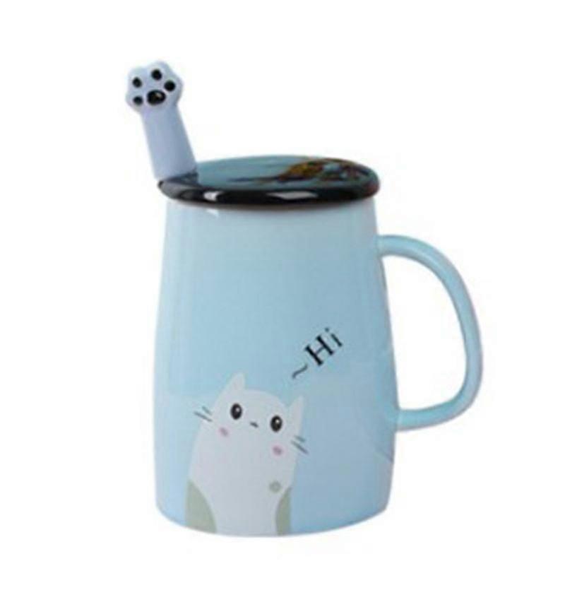 Niedliche Katzen-keramiktasse Mit Katzenmotiv Und Edelstahllöffel, Blau