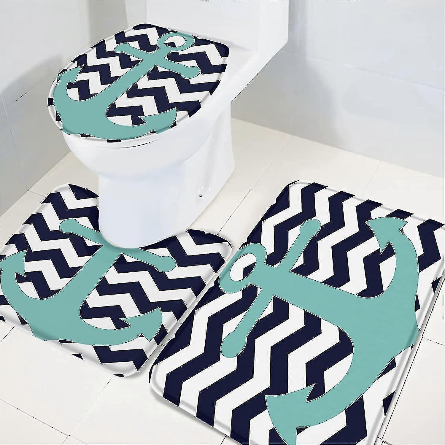 3-teiliges Badteppich-set: Badematten In Seegrün, Blau-weißem Chevron-muster, U-förmiger Konturteppich Und Wc-deckelbezug, Rutschfeste Badematten.