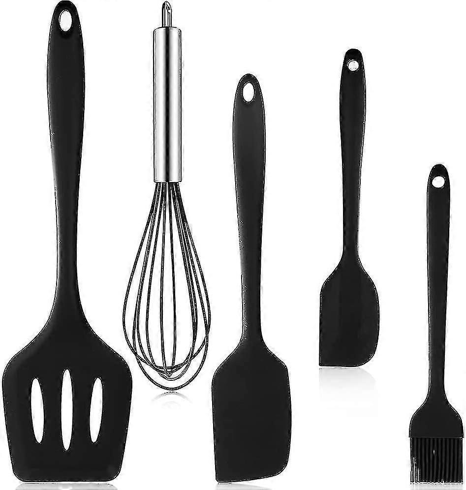 5-teiliges Schwarzes Küchenhelfer-set, Bestehend Aus Spatel, Schneebesen, Silikon-teigschaber, Ölpinsel Und Hitzebeständigen Antihaft-kochutensilien.