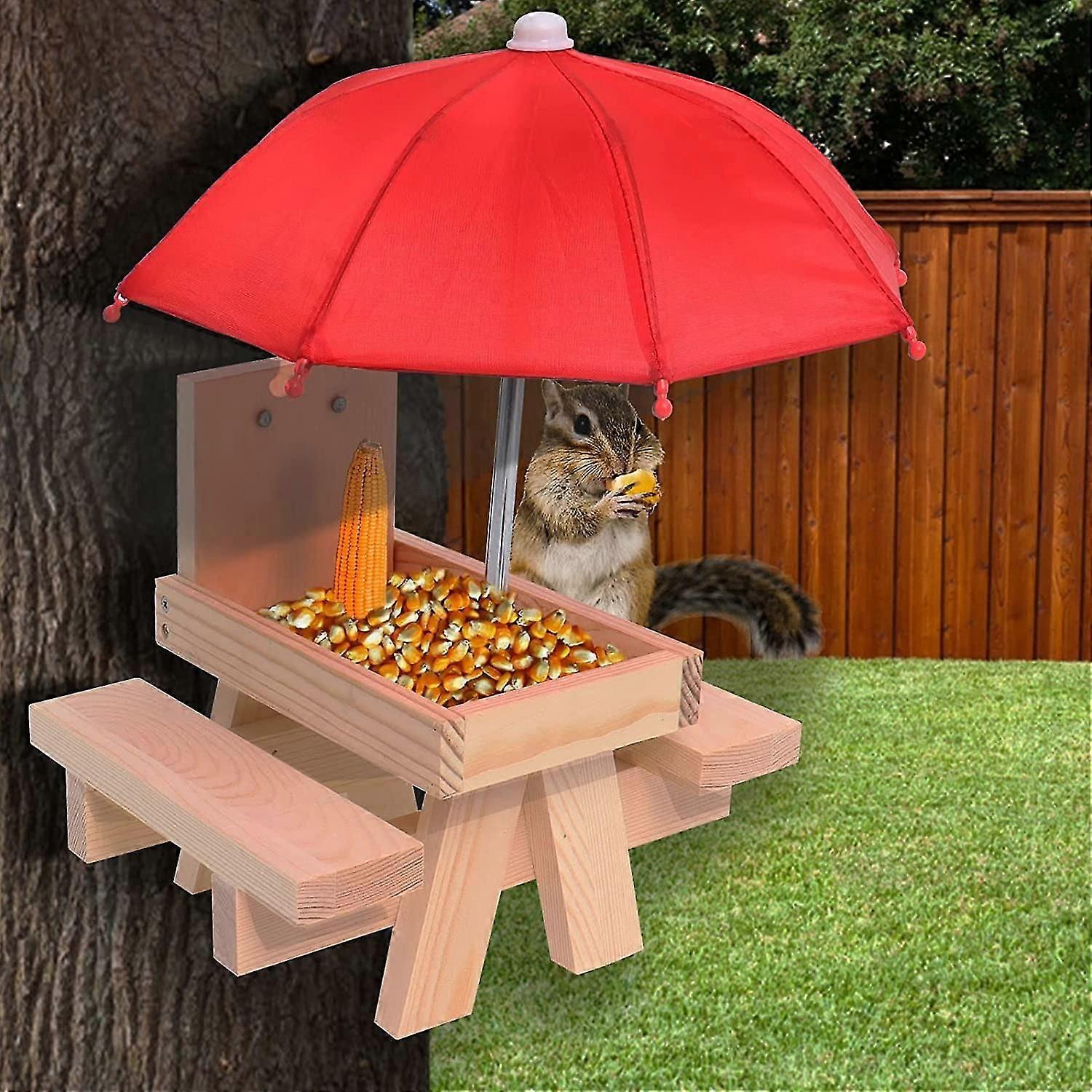 Eichhörnchen-futtertisch Mit Sonnenschirm Für Draußen, Lustig, Maiskolben-futterspender Für Eichhörnchen Und Streifenhörnchen, Picknicktisch Aus Holz Mit Bank Und Stuhl Für Eichhörnchen