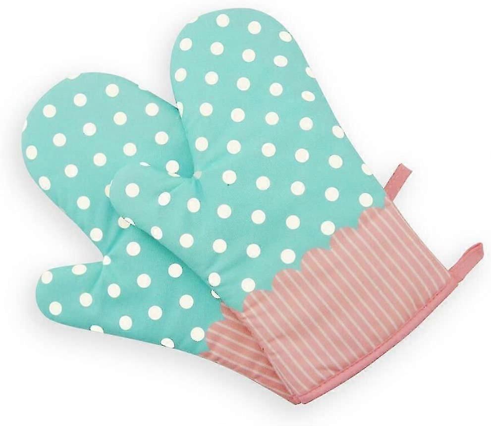 Paar Verdickte, Hitzebeständige Ofenhandschuhe, Hitzebeständiger Topflappen, Türkisfarbene Ofenhandschuhe Aus Baumwolle Und Polyester Mit Weißen Punkten
