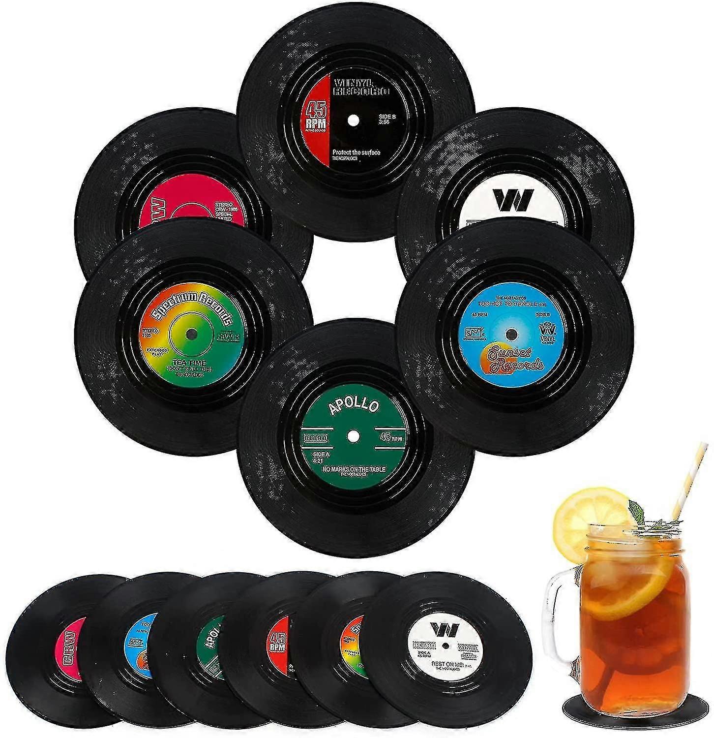 12 Glasuntersetzer, Vinyl-schallplattenuntersetzer, Retro-getränkeuntersetzer, Runde Becher