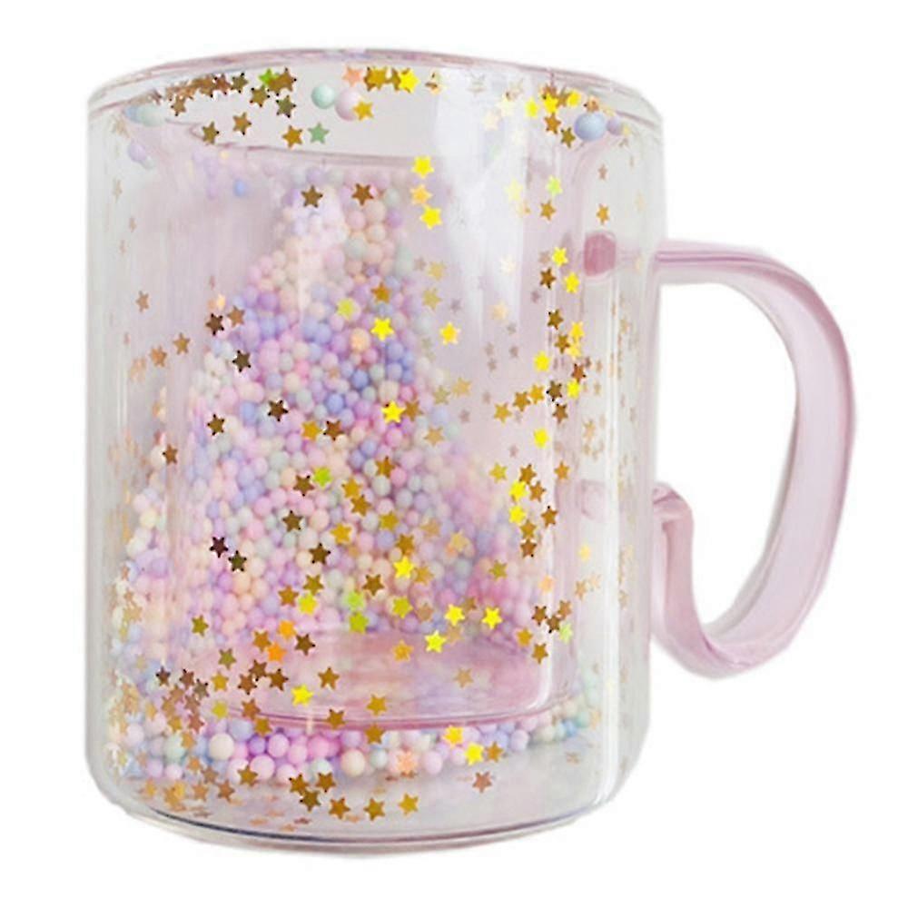 Ins Girl Heart Kawaii Bubble Star Sky Cup Star Sequin Double Wall Glass Coffee Cup Handle Heat Resi