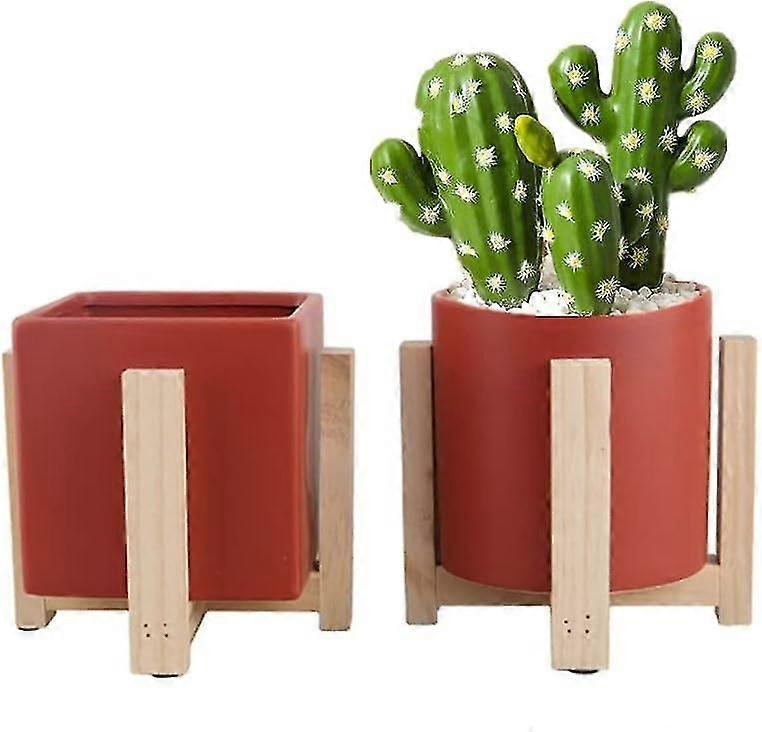 2er-pack Keramik-pflanztöpfe Mit Holzständer, Modern, Für Drinnen Und Draußen, Rot (rund + Quadratisch)