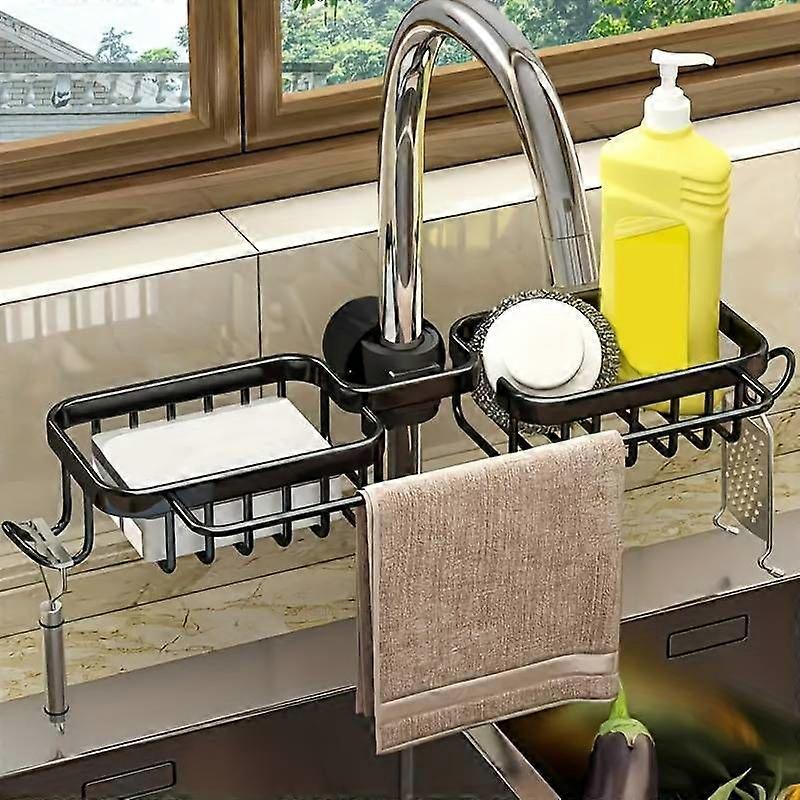 Stück Innovativer Küchenorganizer, Vielseitiges Spülbeckenregal Aus Aluminium Für Schwamm Und Seife, Schwarz