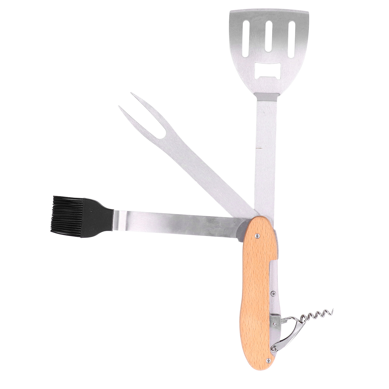 Tragbares, Faltbares 5-in-1 Multifunktions-grillset: Pfannenwender, Bürste, Gabel, Flaschenöffner, Edelstahl.